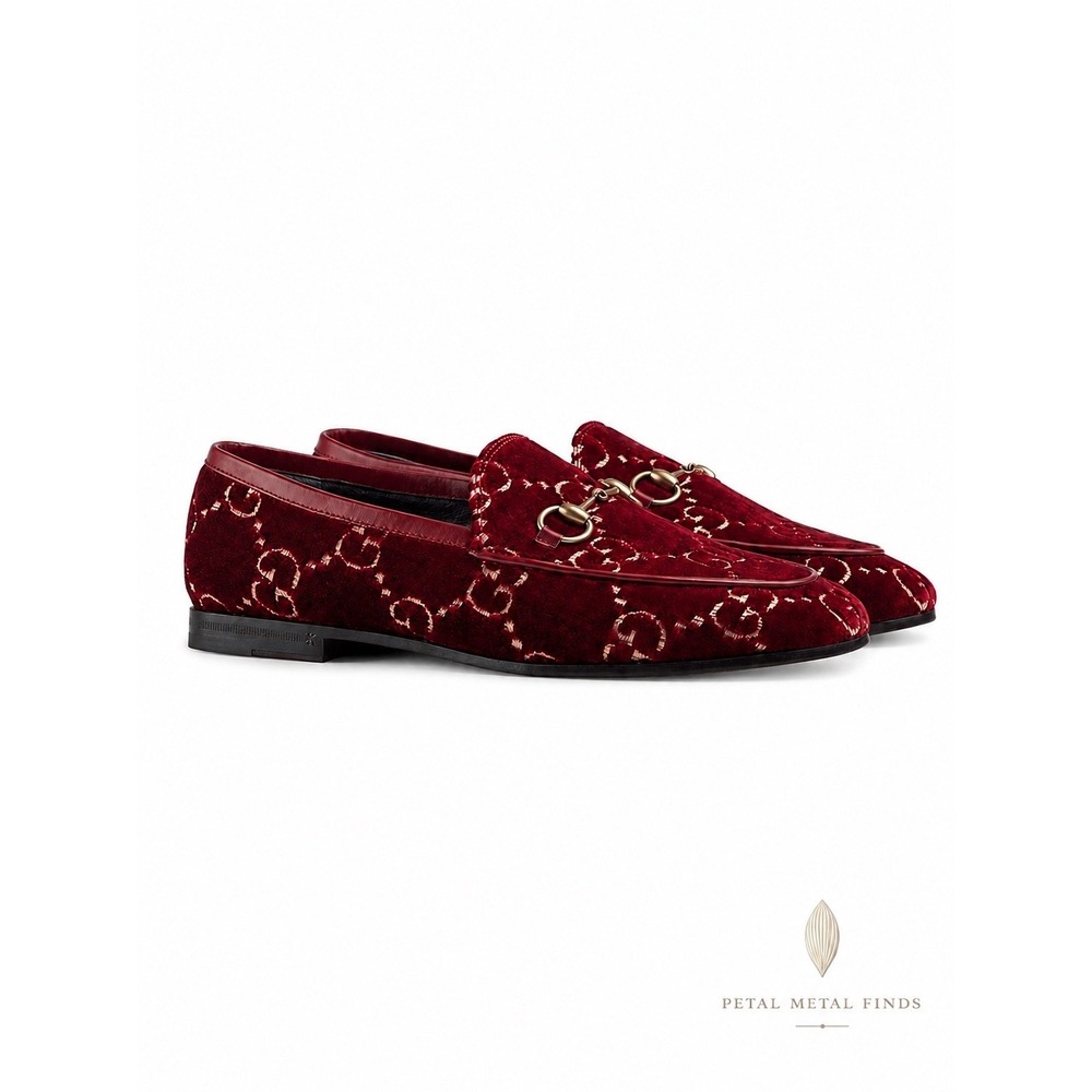 Gucci Jordaan GG Velvet Horsebit‎ Loafer Red Pink Leather Trim Slip On EU 37